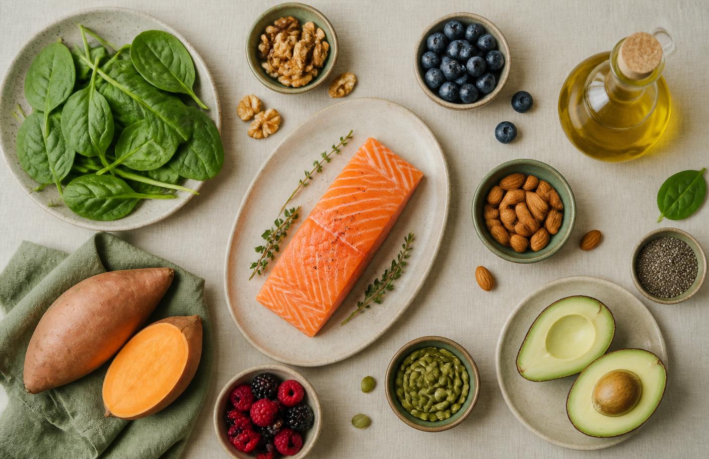Ingredientes frescos: salmão, batata-doce, espinafre, castanhas e frutas